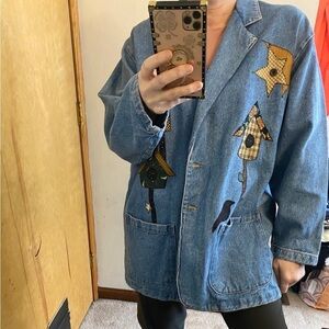 Vintage Americana Artsy Birdhouse Patchwork Denim Blazer